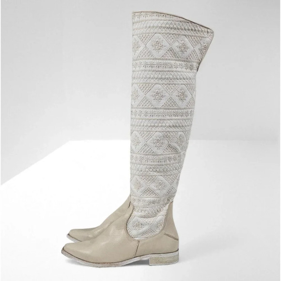 NEW Free People Bren Knee High Boot Womens EU 37 Cream Embroidered Boho Slouchy - Picture 1 of 16